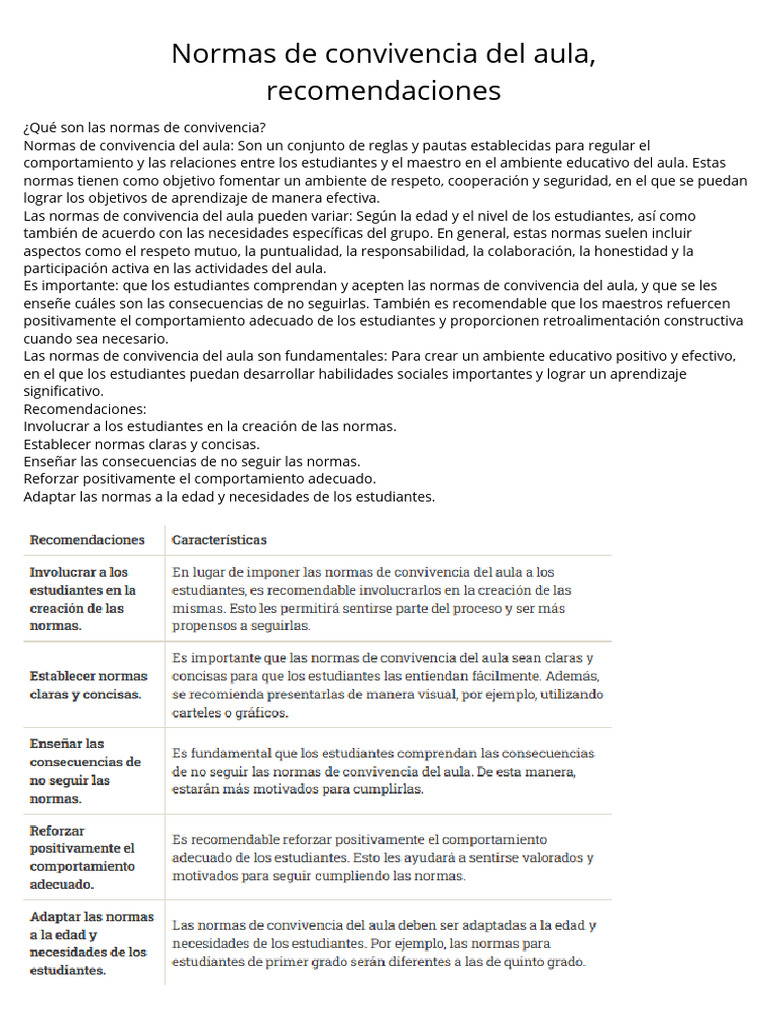 Normas de Convivencia en el Aula 2023 | PDF | Salón de clases ...