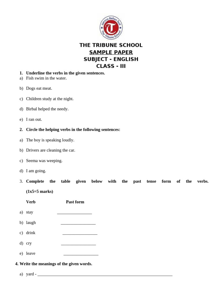 Class 3 English Grammar Sample Paper | PDF | Linguistics | Grammar