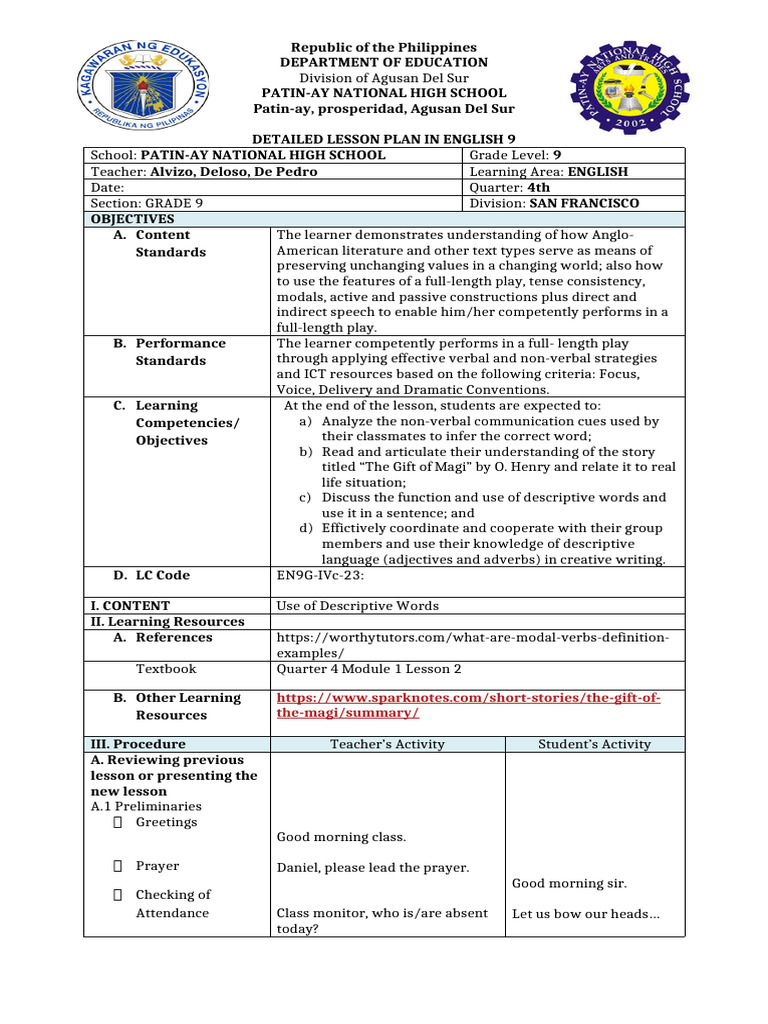 Detailed Lesson Plan for English 9 | PDF | Adverb | Adjective