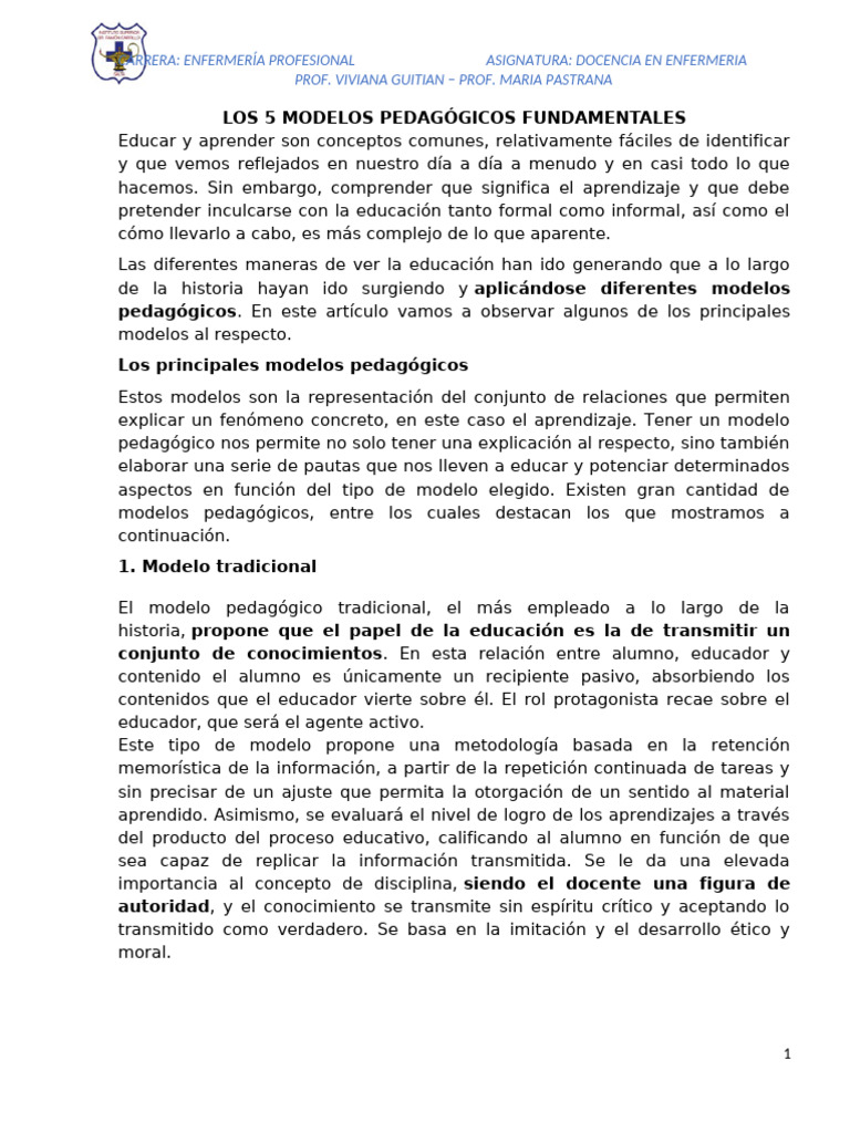 Modelos Pedagógicos en Enfermería | PDF | Aprendizaje | Maestros