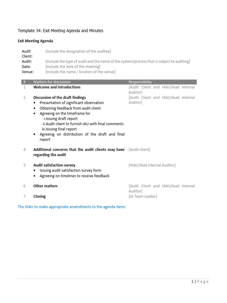 Template 34 Exit Meeting Agenda and Minutes | PDF | Audit | Internal Audit