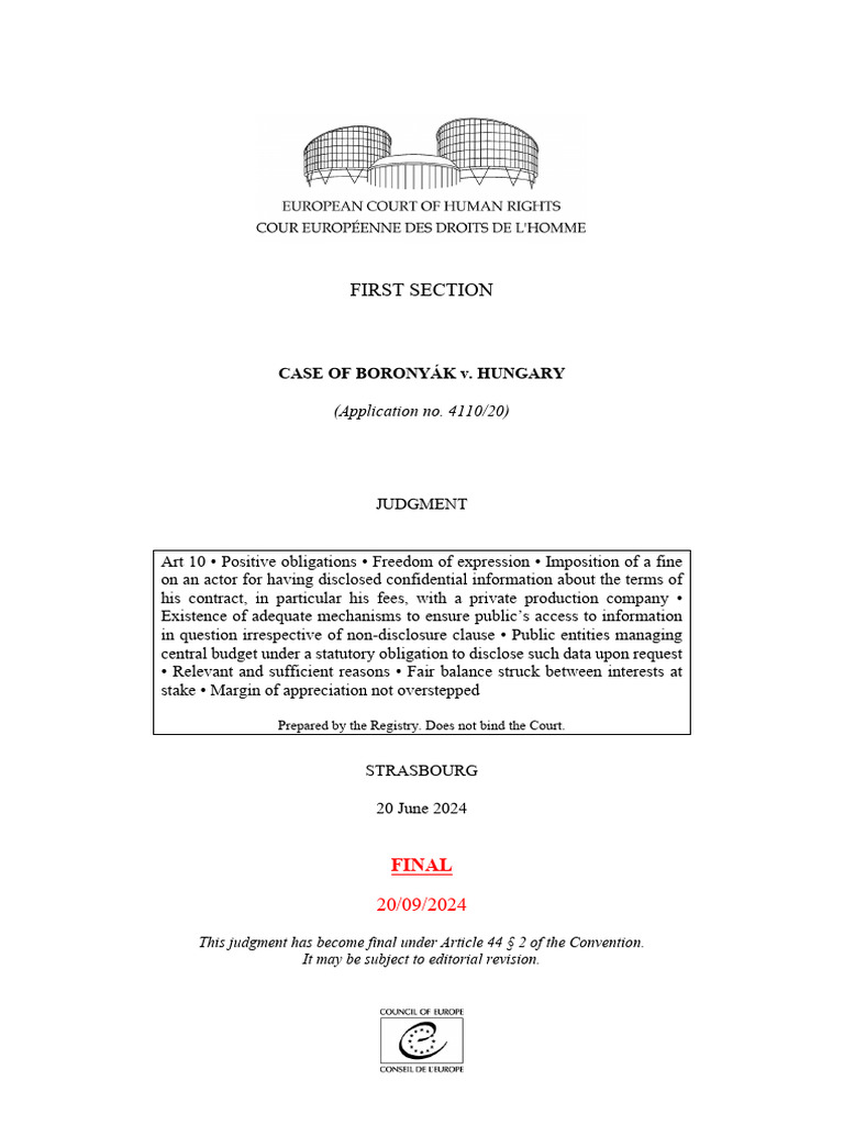 CASE OF BORONYÁK v. HUNGARY | PDF | Non Disclosure Agreement ...
