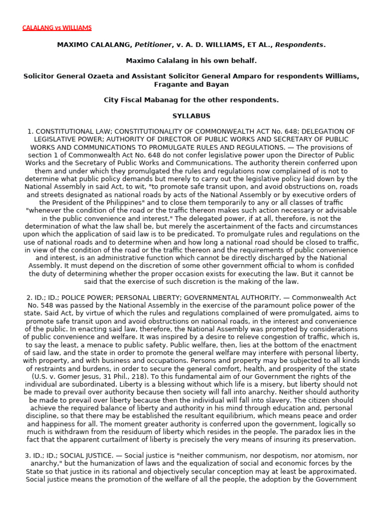 Calalang v. Williams: Legislative Power Case | PDF | Liberty | Adjudication