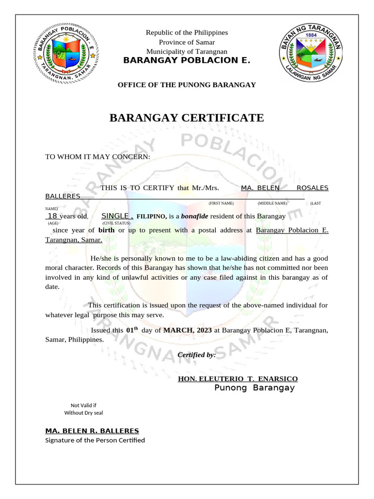Barangay Good Moral Certificate | PDF