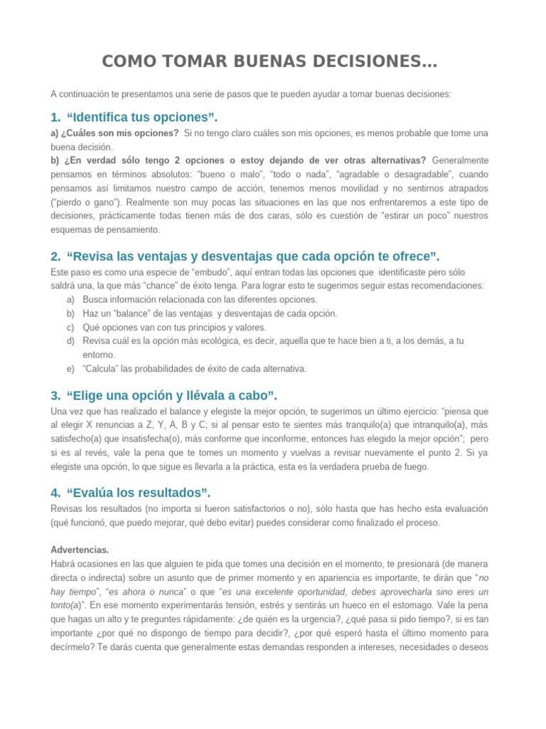 Pasos para Tomar Buenas Decisiones | PDF