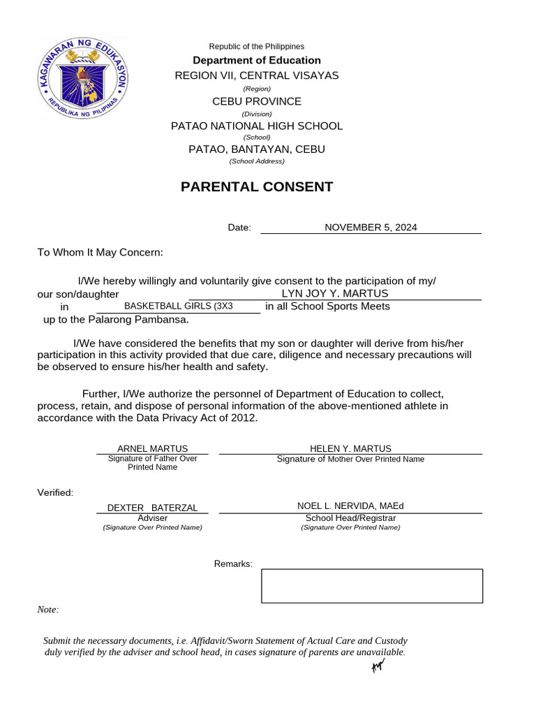 Parental Consent for Basketball Participation | PDF