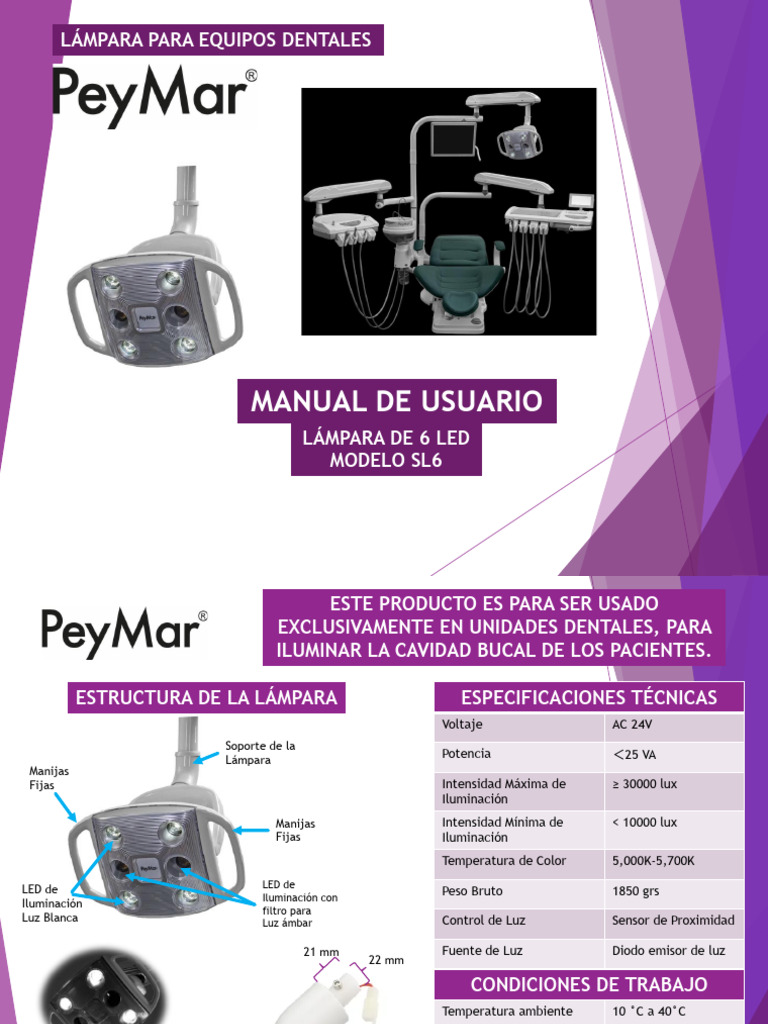 Lámpara Dental LED SL6: Manual de Usuario | PDF | Encendiendo | Ligero