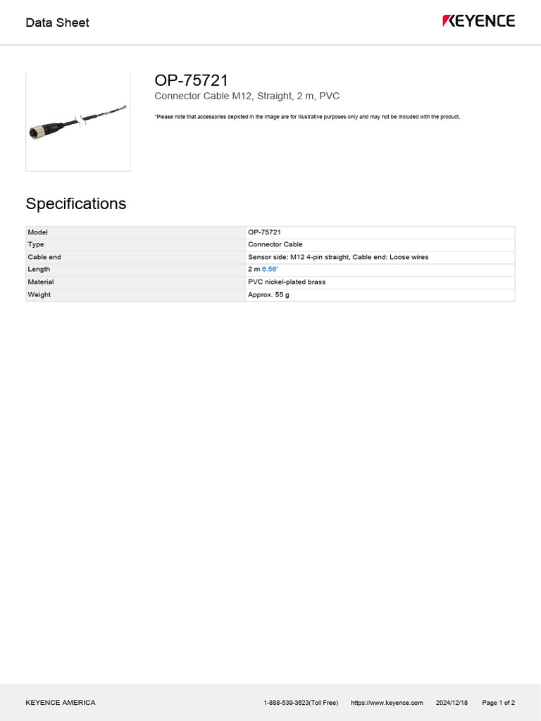 OP-75721 M12 Connector Cable Data Sheet | PDF