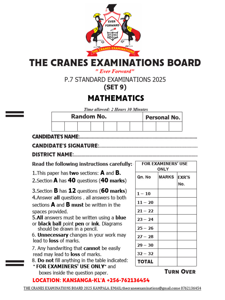 Cranes Mathematics Exam 2025 Set 9 | PDF