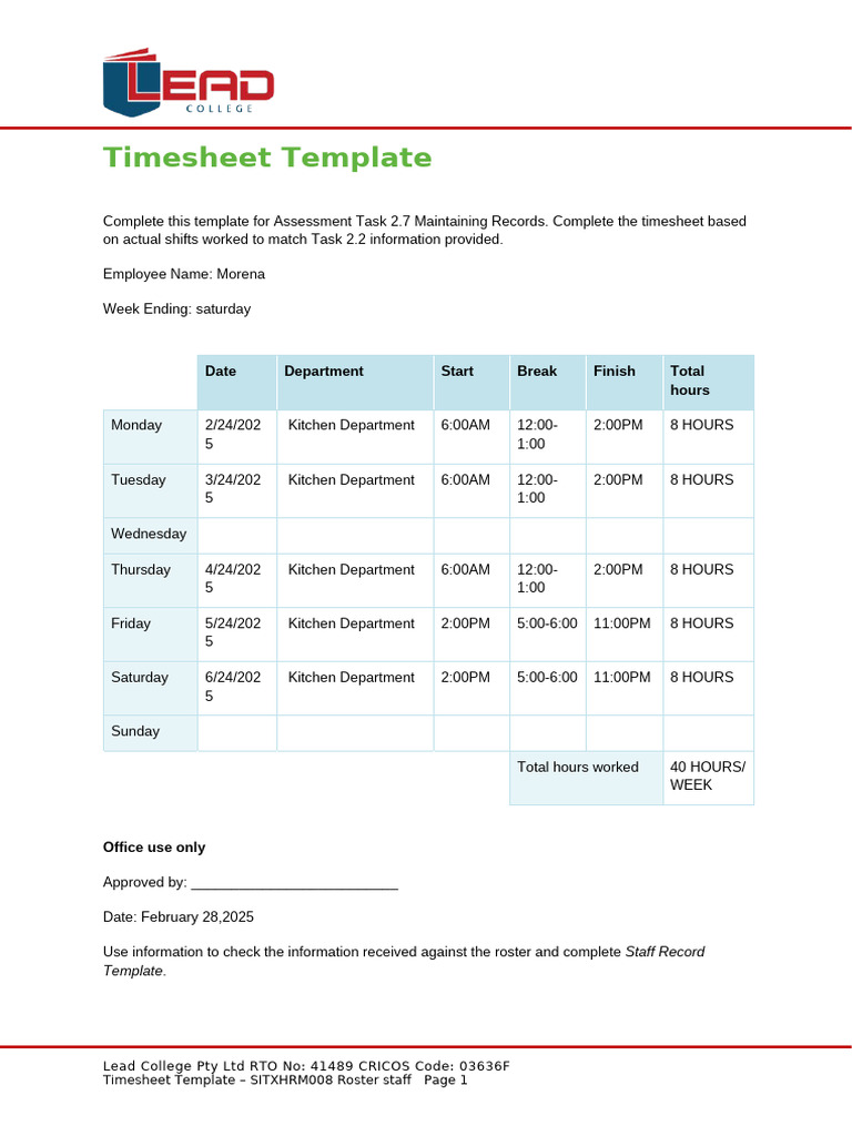 Timesheet Template for Staff Records | PDF