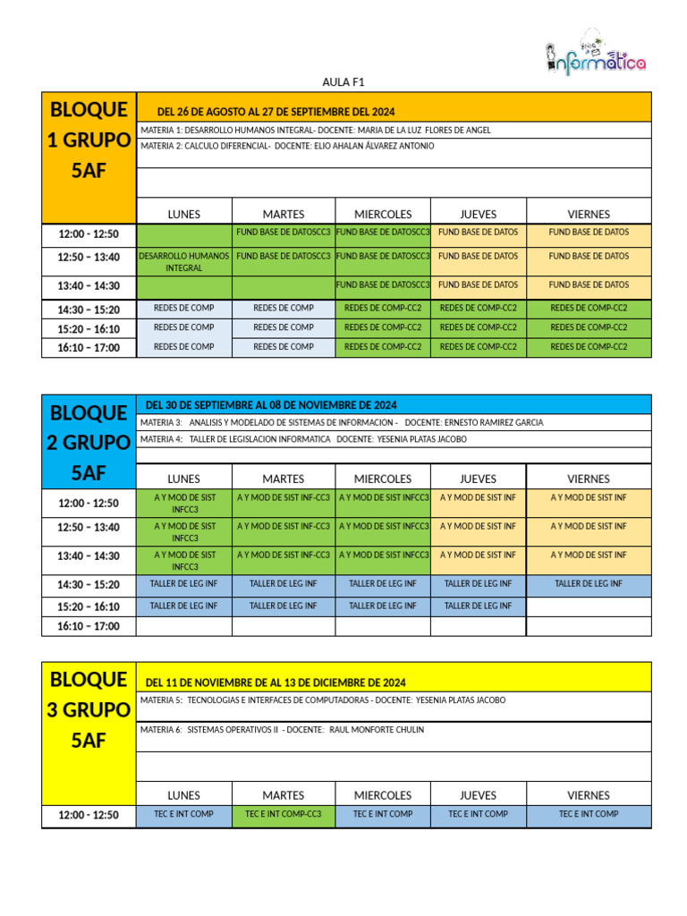 Horario de Clases Grupo 5AF 2024 | PDF | Informática