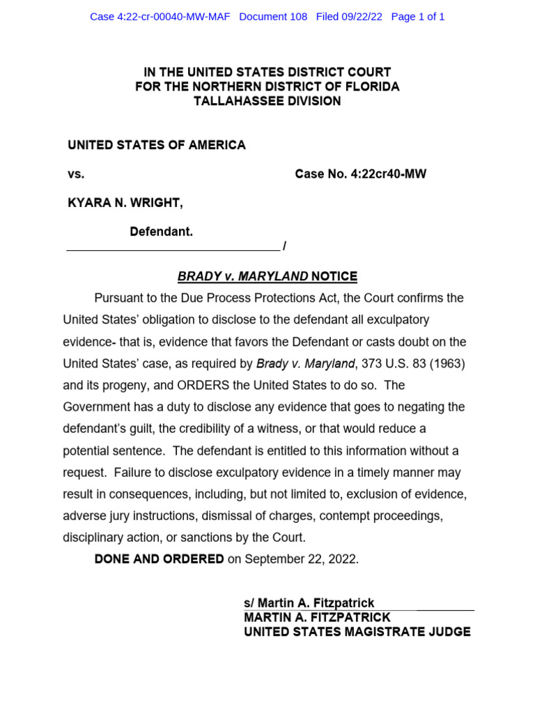 Brady Notice in U.S. Criminal Case | PDF