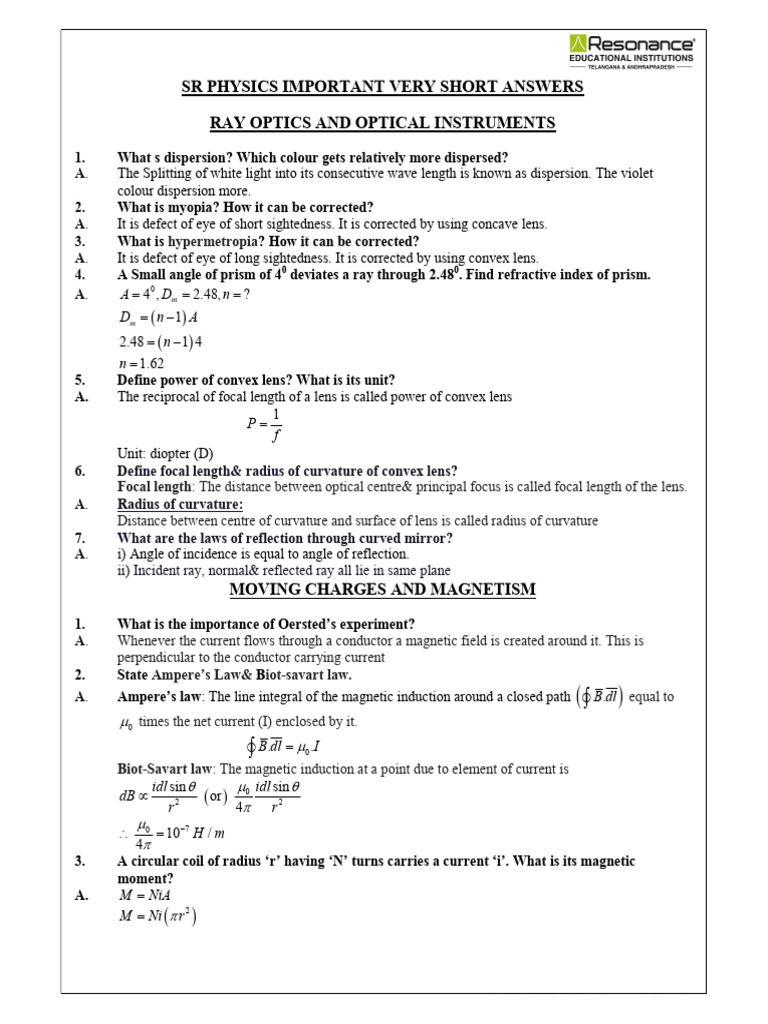 Senior Physics Very Short Answers Material-1 | PDF | Electromagnetic ...
