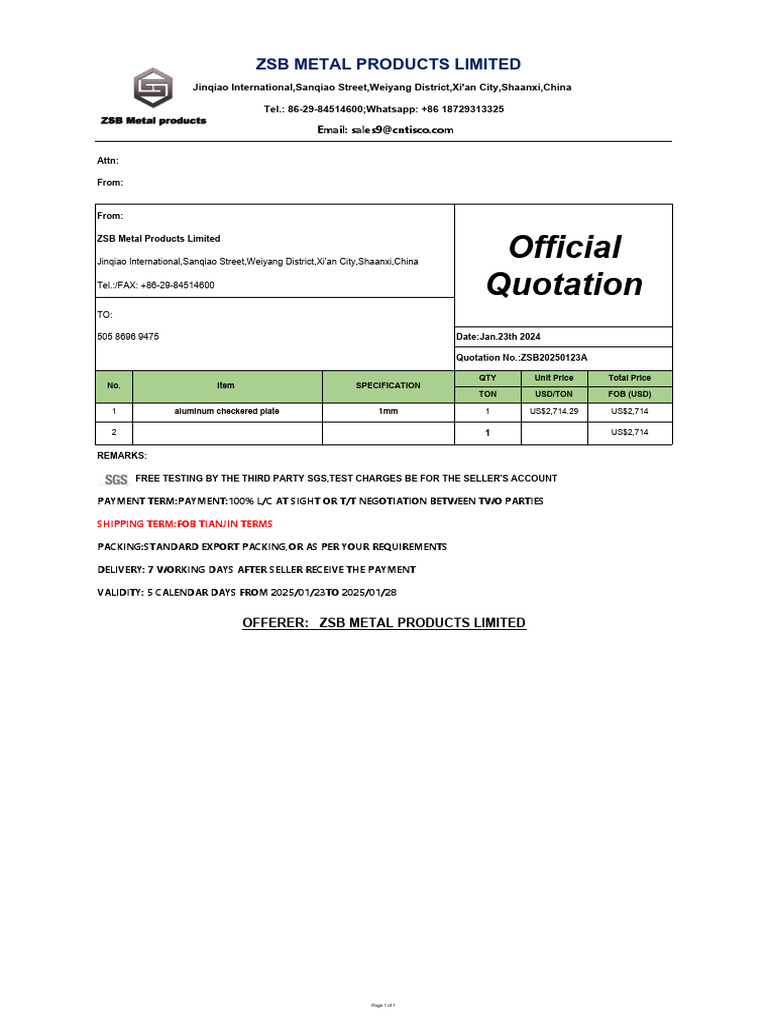 ZSB Metal Products Quotation 2025-01-23 | PDF