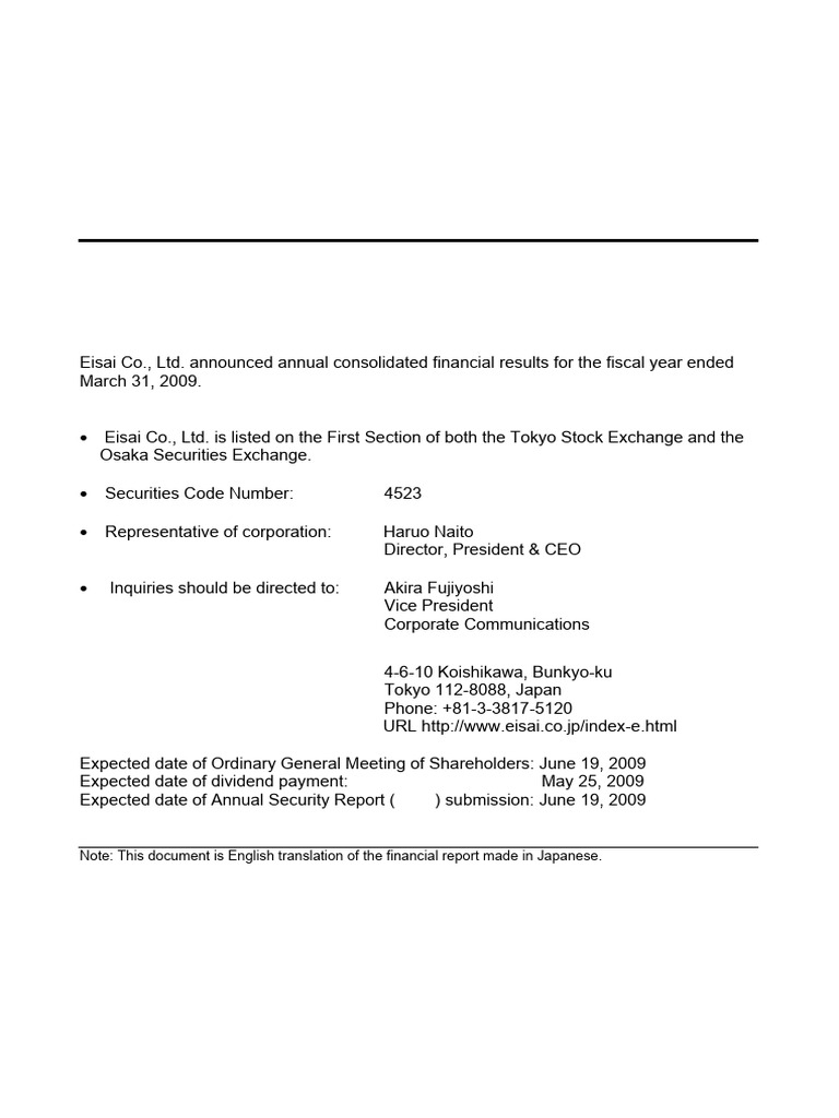 Eisai Co. 2009 Annual Financial Report | PDF | Dividend | Expense