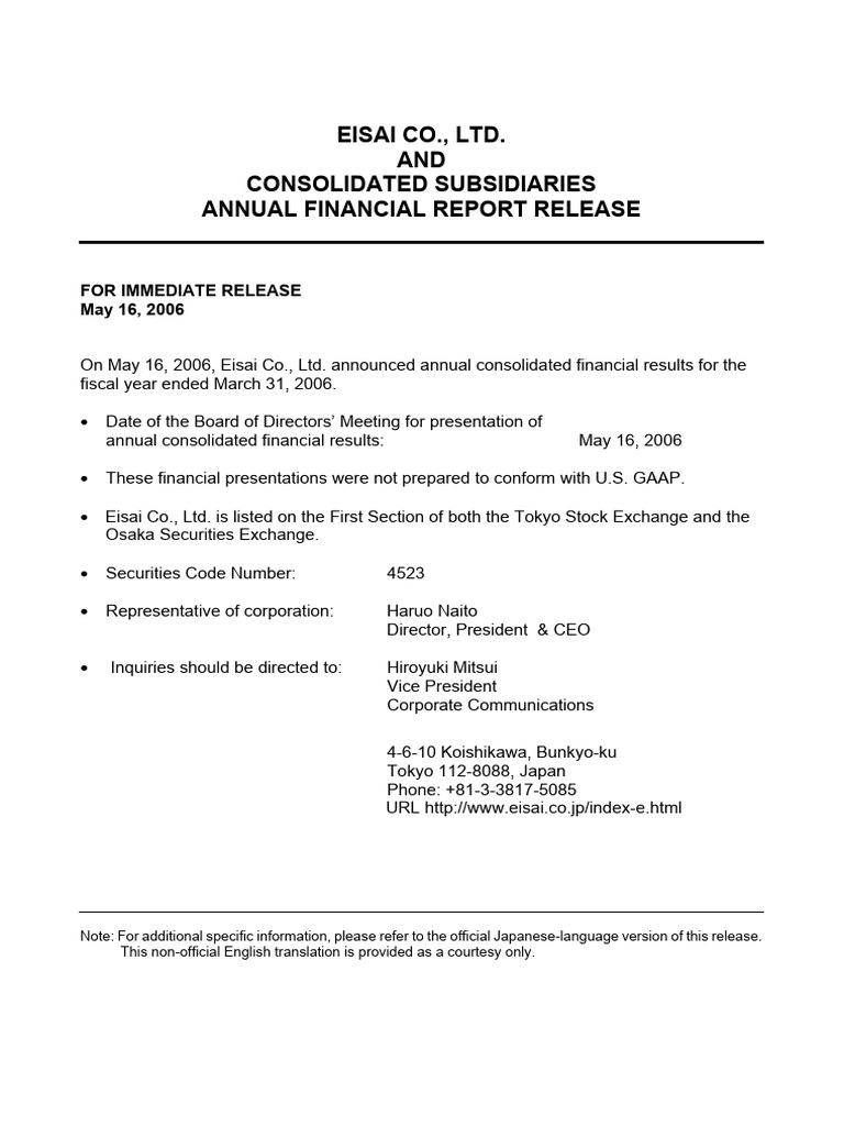 Eisai 2006 Annual Financial Report | PDF | Internal Control | Employment