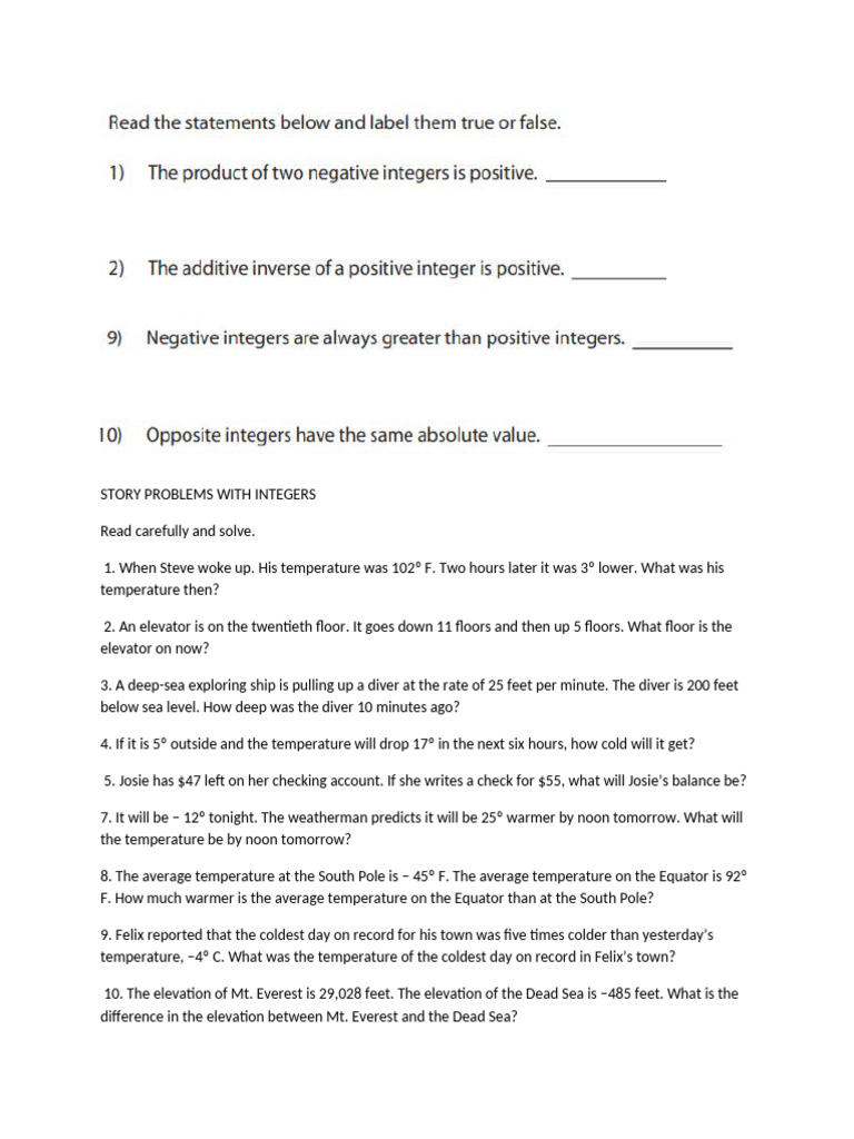 Integer Story Problems and Solutions | PDF | Scuba Diving | Earth Sciences