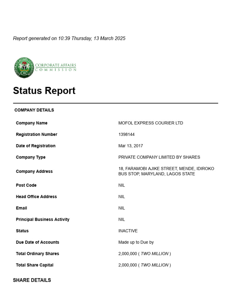 MOFOL Express Company Status Report | PDF | Business Law | Private Law