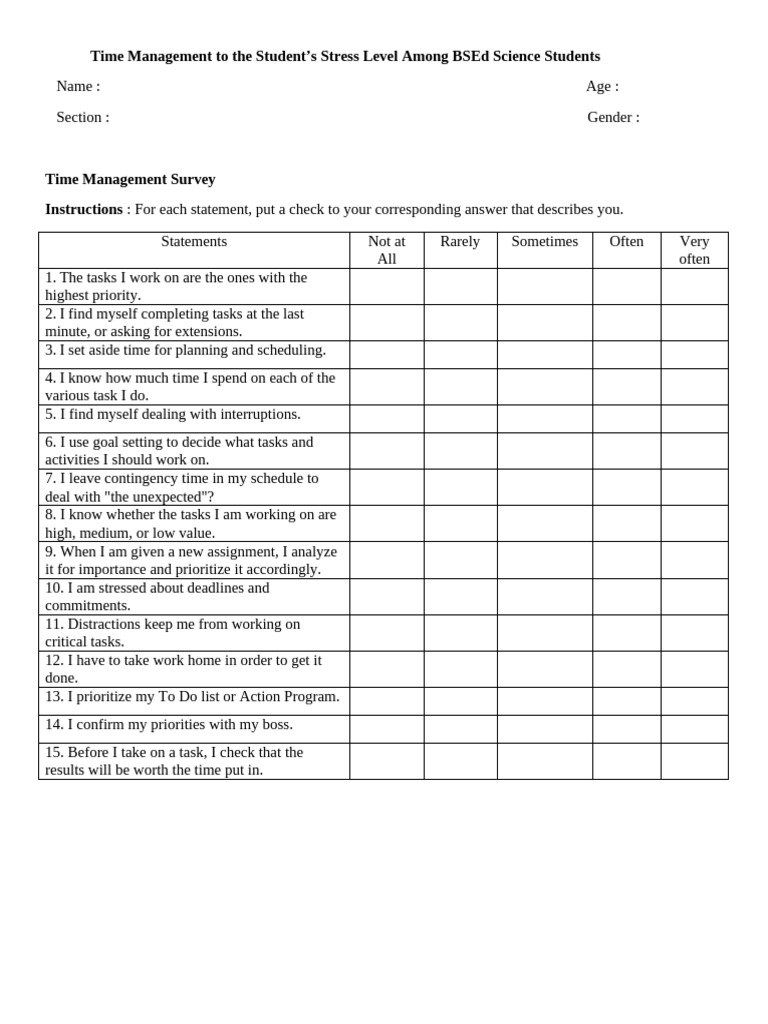 Questionnaires Time Management Stress Level | PDF | Time Management ...