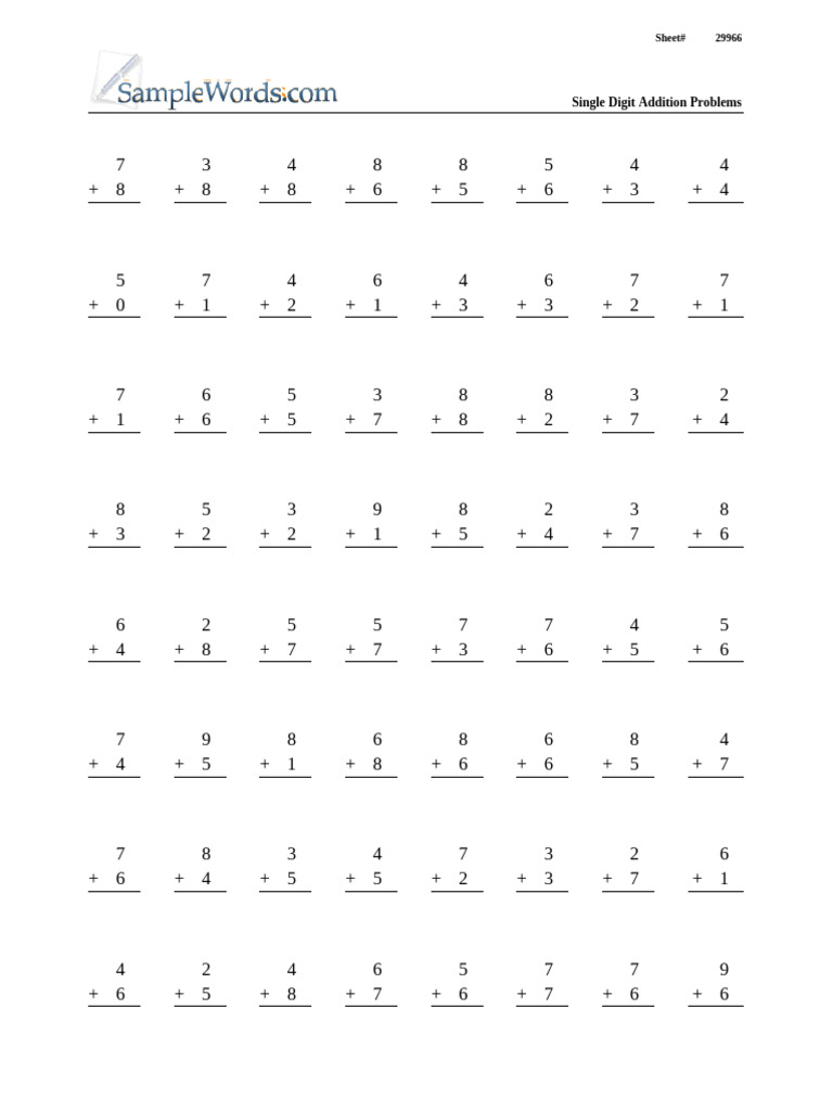 Single Digit Addition Worksheets | PDF | Mathematics | Science Education