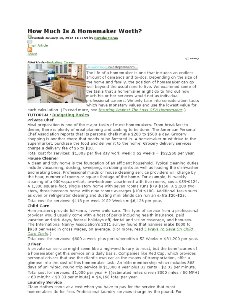 How Much Is A Homemaker Worth PDF Housekeeping Employee Benefits