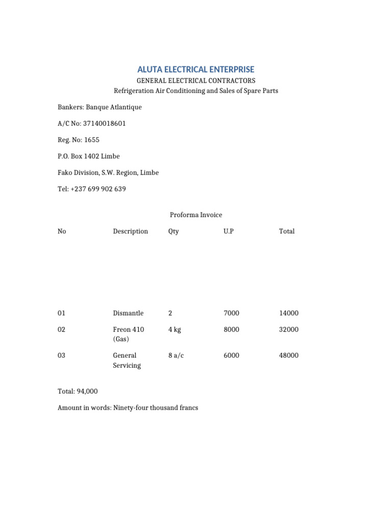 Proforma Invoice for Refrigeration Services | PDF