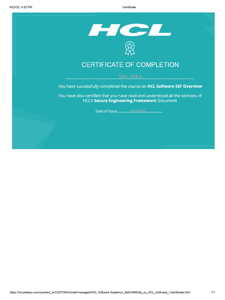 Certificate of Course Completion HCL | PDF