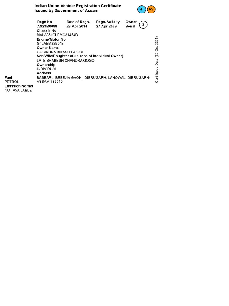 Assam Vehicle Registration Certificate | PDF