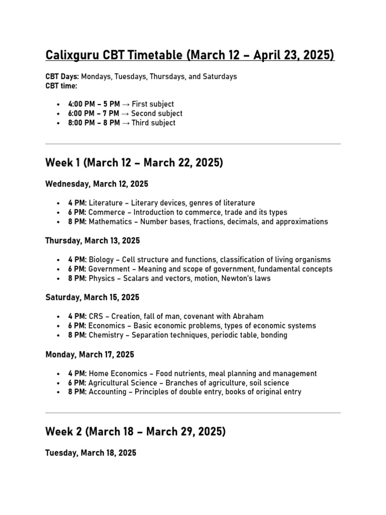 Calixguru CBT Timetable | PDF | Economics | Agriculture