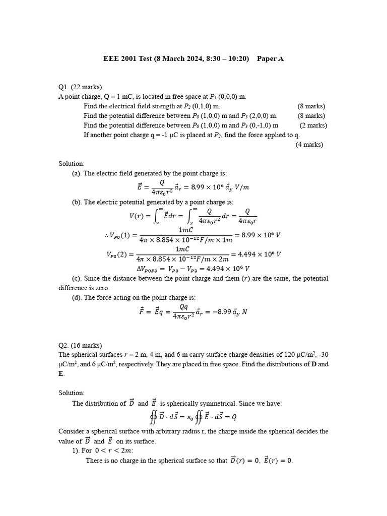 EEE 2001 Test: Electric Fields & Potentials | PDF | Electric Field ...