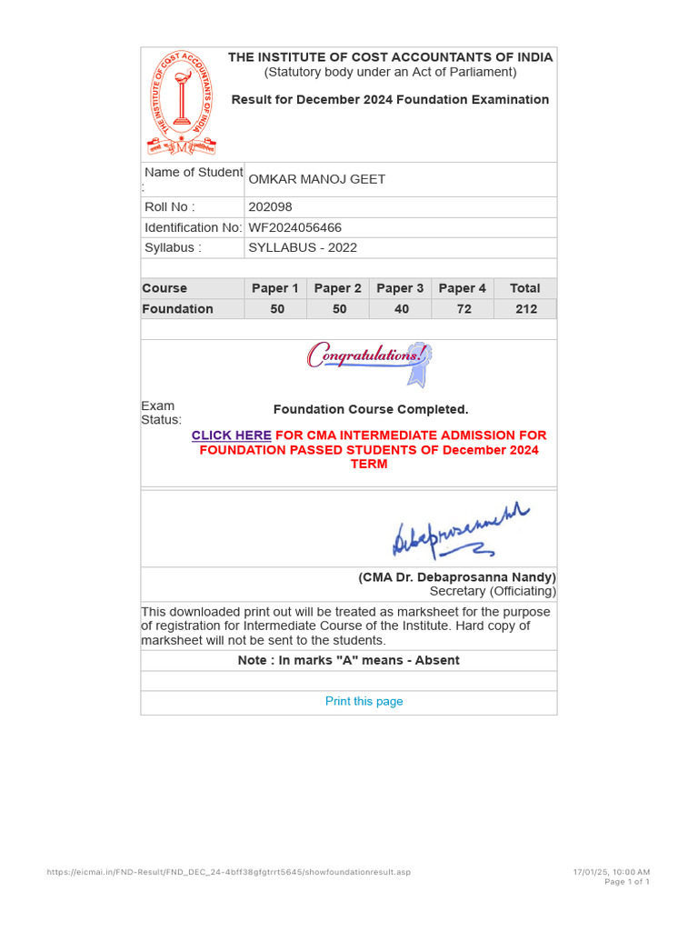 CMA December 2024 Foundation Result | PDF