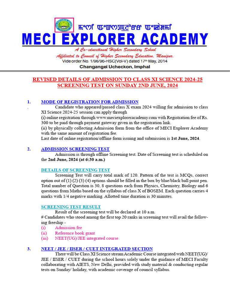Class XI Science Admission 2024-25 Details | PDF | Tests | Student ...