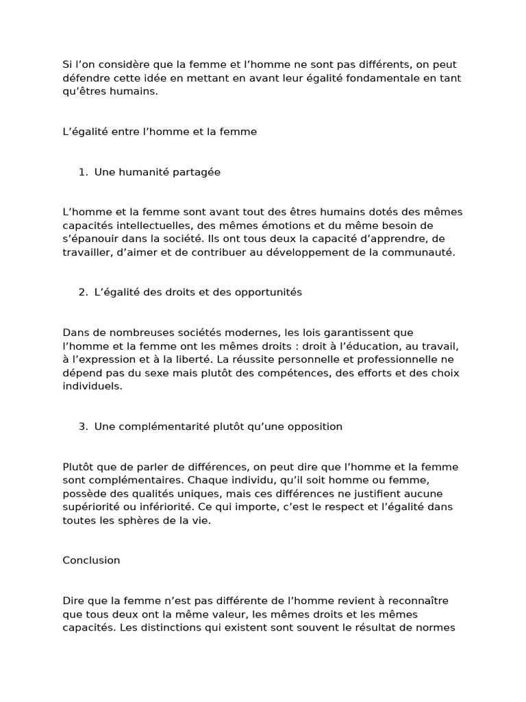 Égalité homme-femme : droits et complémentarité | PDF