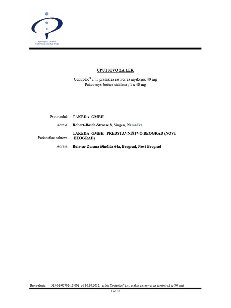 Controloc I.V. Prašak Za Rastvor Za Injekciju 40 MG Pakovanje: Bočica ...