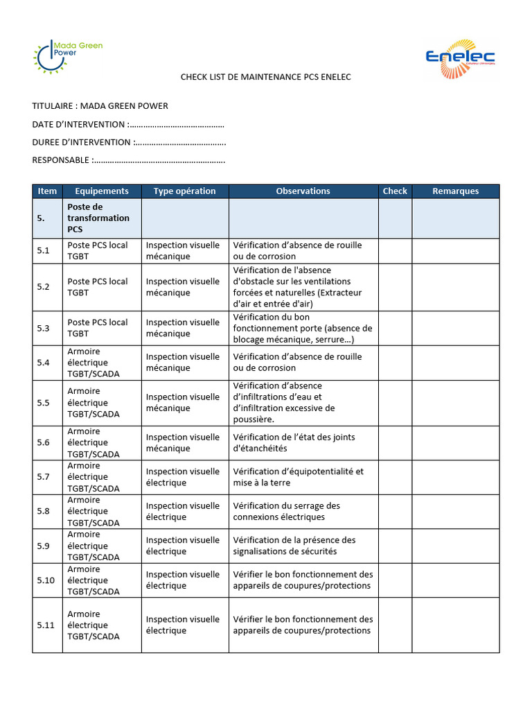 Maintenance PCS : Checklist ENELEC | PDF | Génie du bâtiment ...