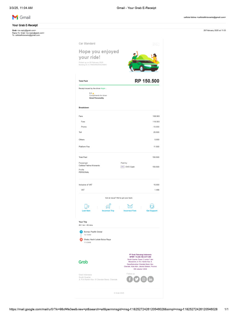 Grab Car E-Receipt for 2025 | PDF