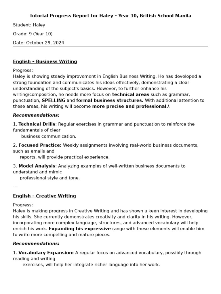 Haley's Year 10 Progress Report | PDF | Learning | Science