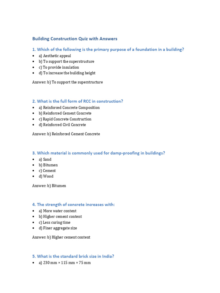 Building Construction Quiz and Answers | PDF | Concrete | Masonry