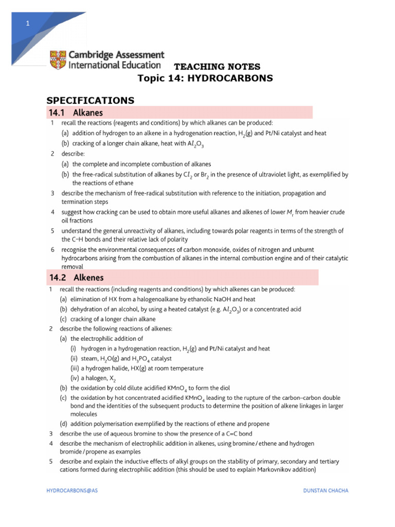 Teaching Notes-Hydrocarbons | PDF | Chemical Reactions | Alkene