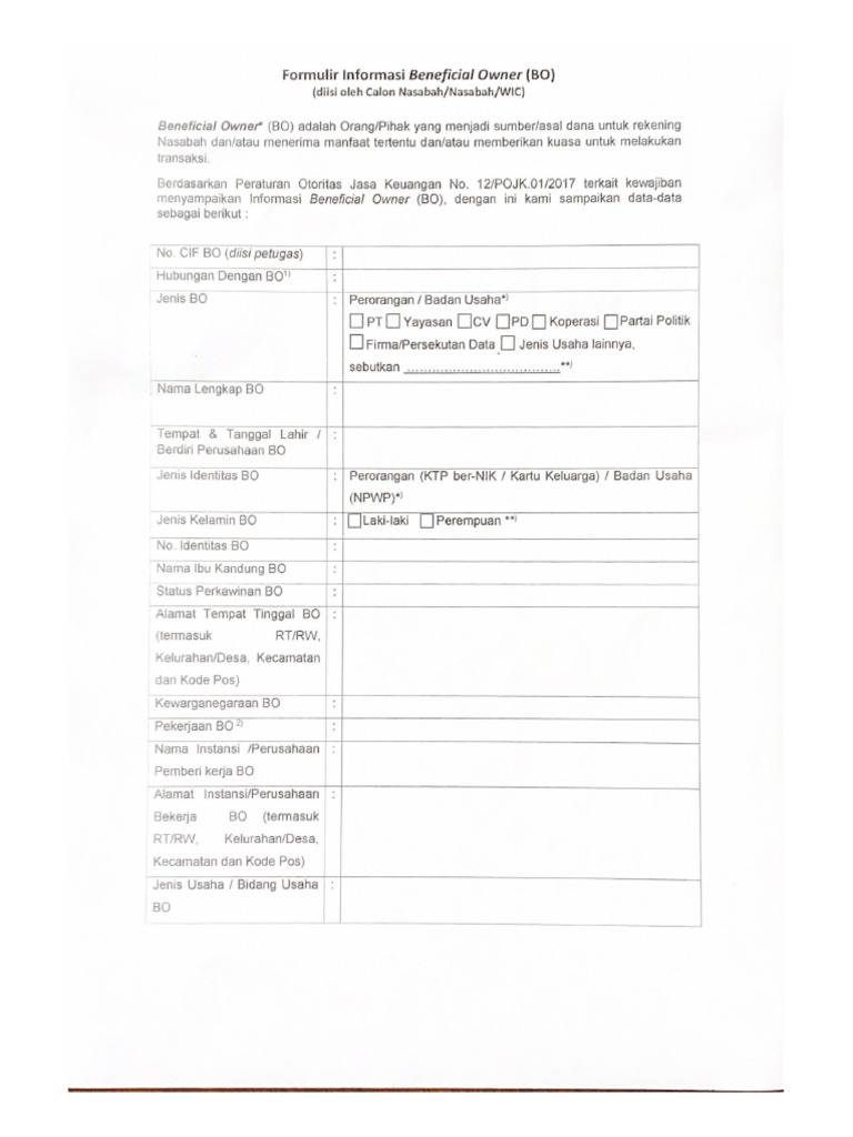 Formulir Informasi Beneficial Owner (BO) | PDF