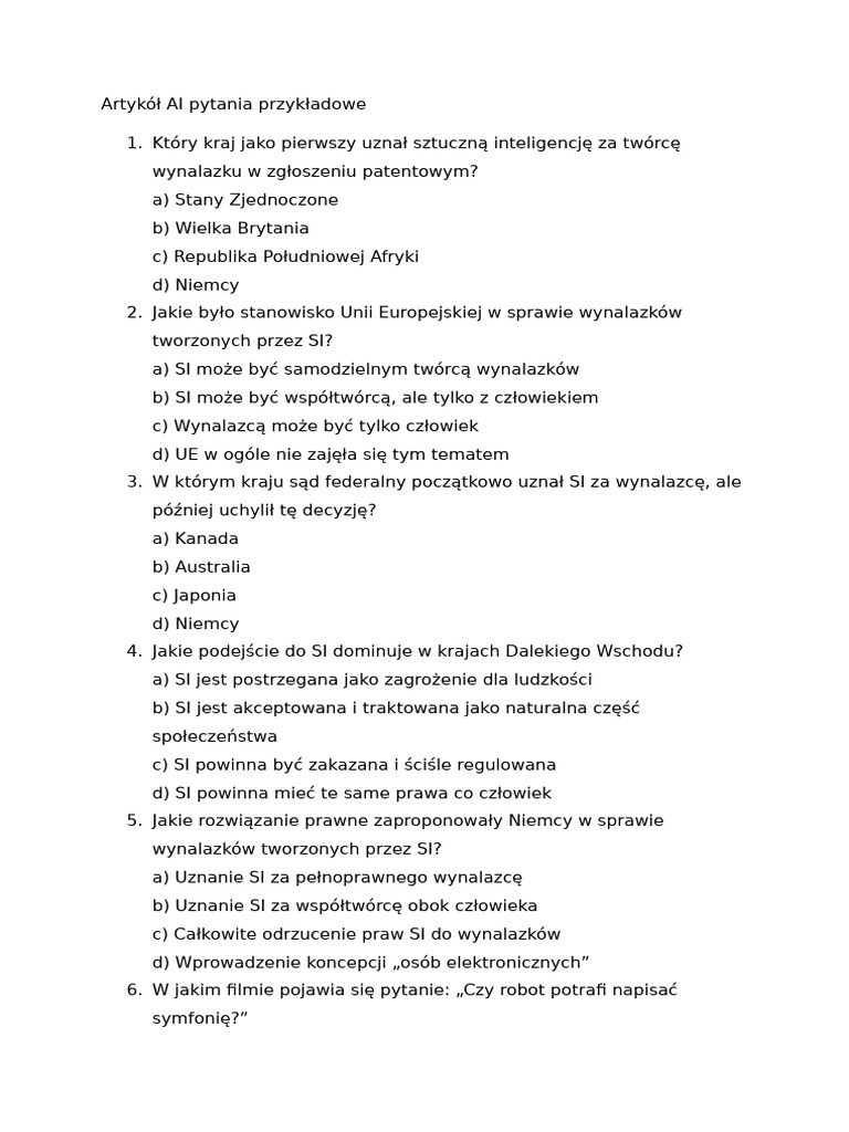 Artykół AI Pytania Przykładowe | PDF