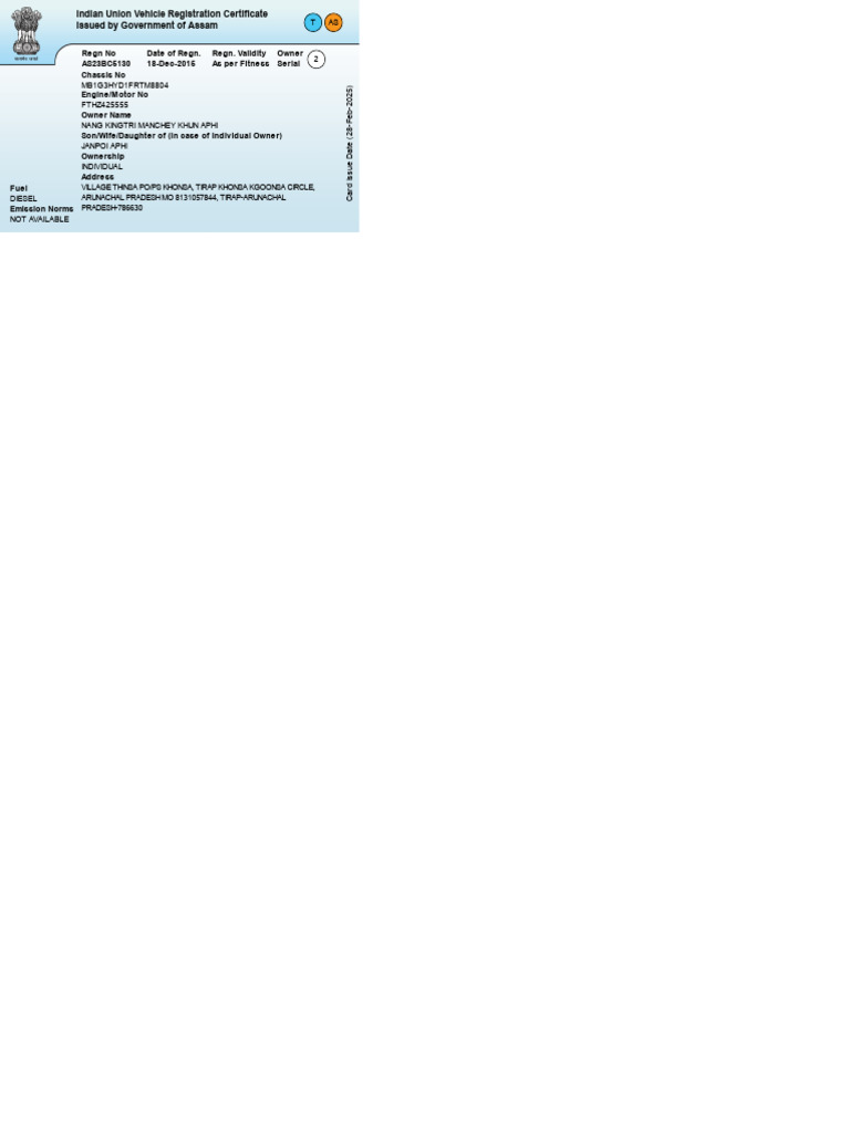 Vehicle Registration Certificate AS23BC5130 | PDF
