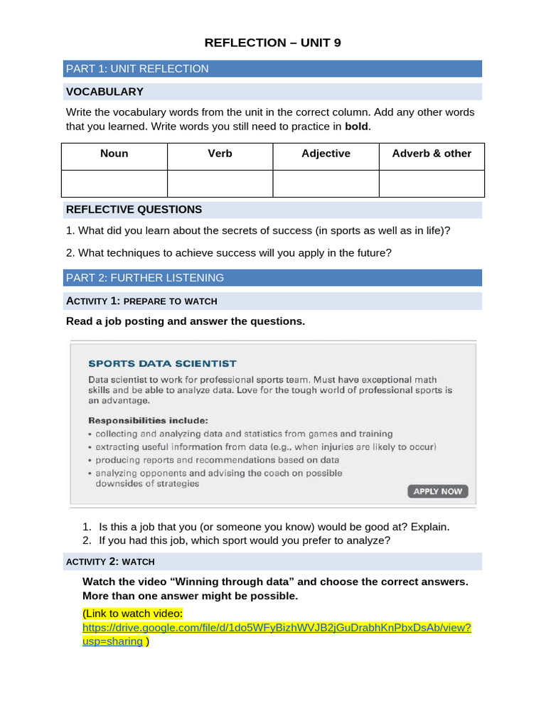 Unit 9 Reflection and Vocabulary Activities | PDF