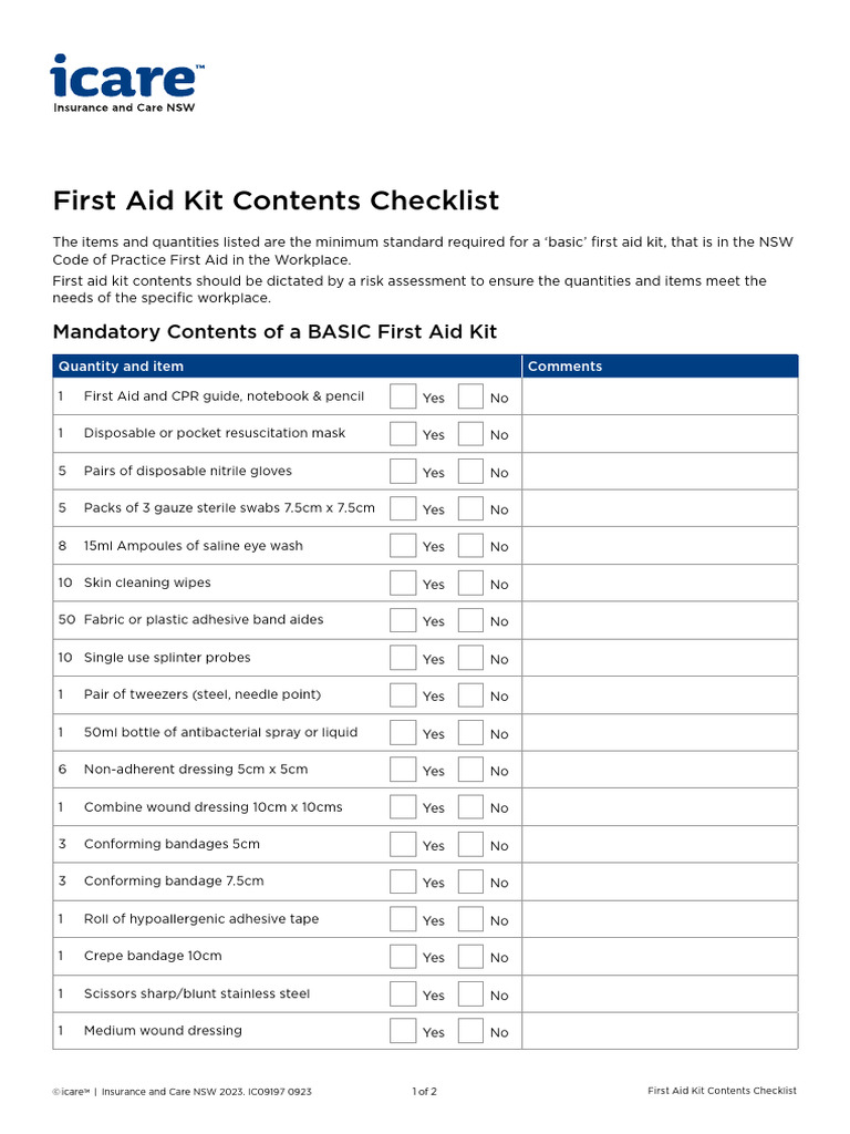 Basic Workplace First Aid Kit Checklist | PDF | First Aid