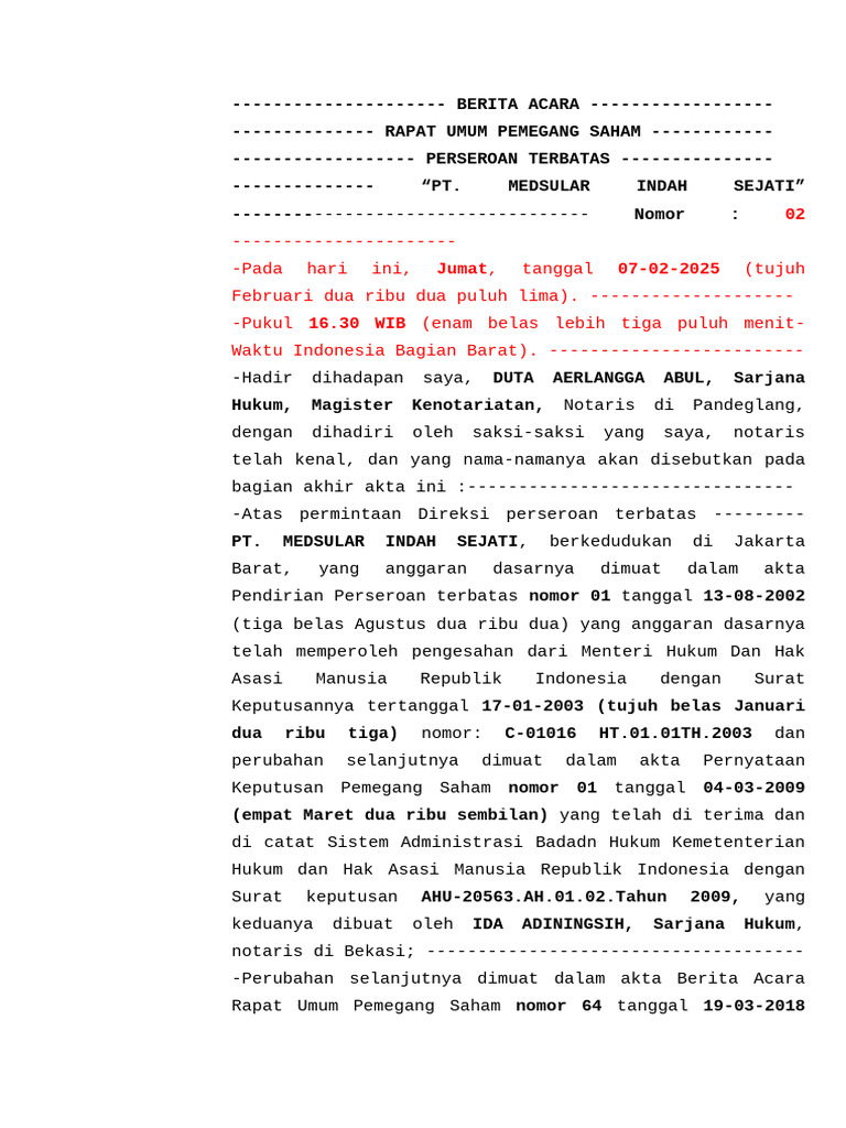 Berita Acara RUPS PT. Medsular Indah Sejati | PDF