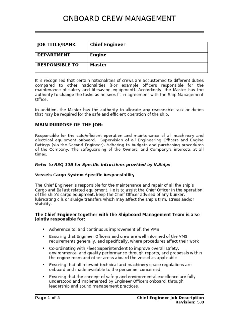 Chief Engineer Duties and Responsibilities | PDF | Ships