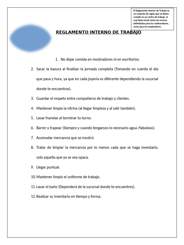 Reglamento Interno de Trabajo Esencial | PDF