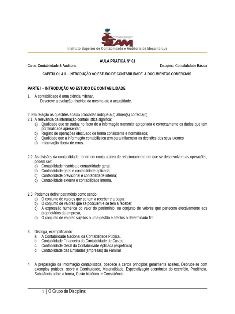 Aula Pratica de Contabilidade Básica Nº01 | PDF | Contabilidade ...