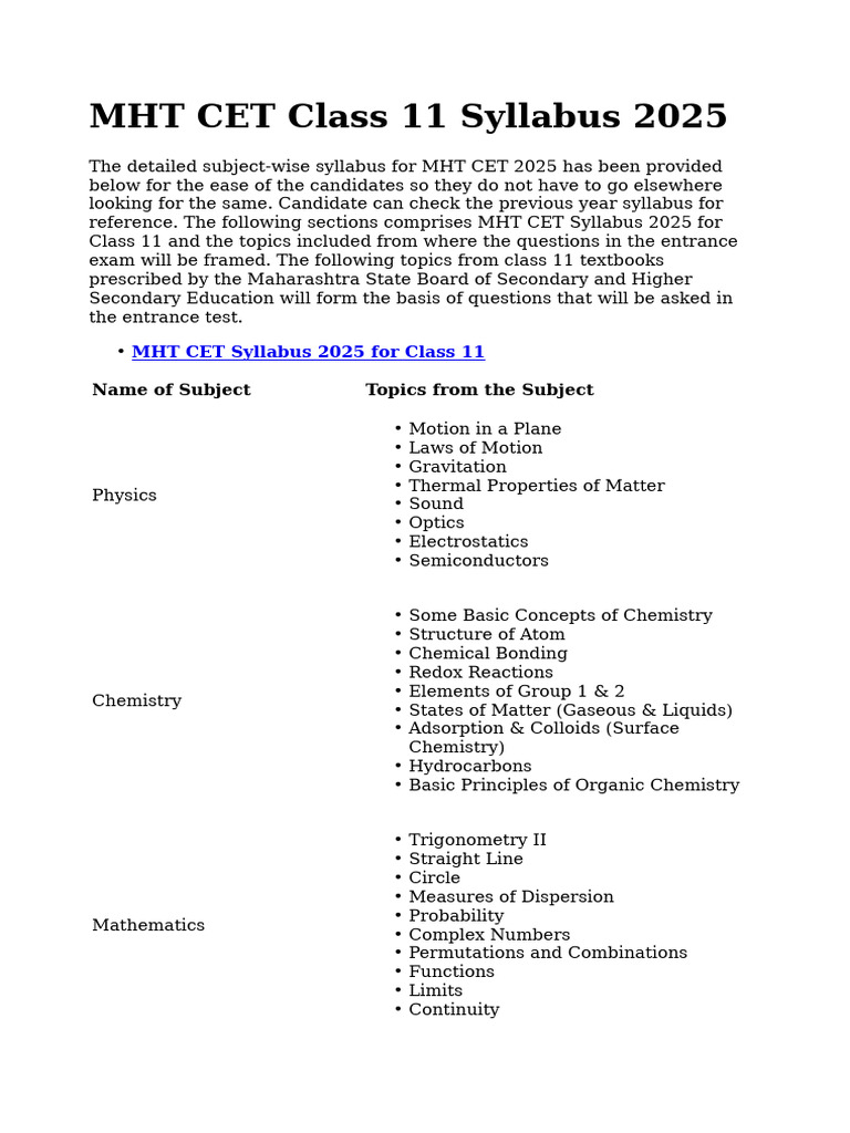 MHT CET 2025 Syllabus Overview | PDF | Chemistry | Waves