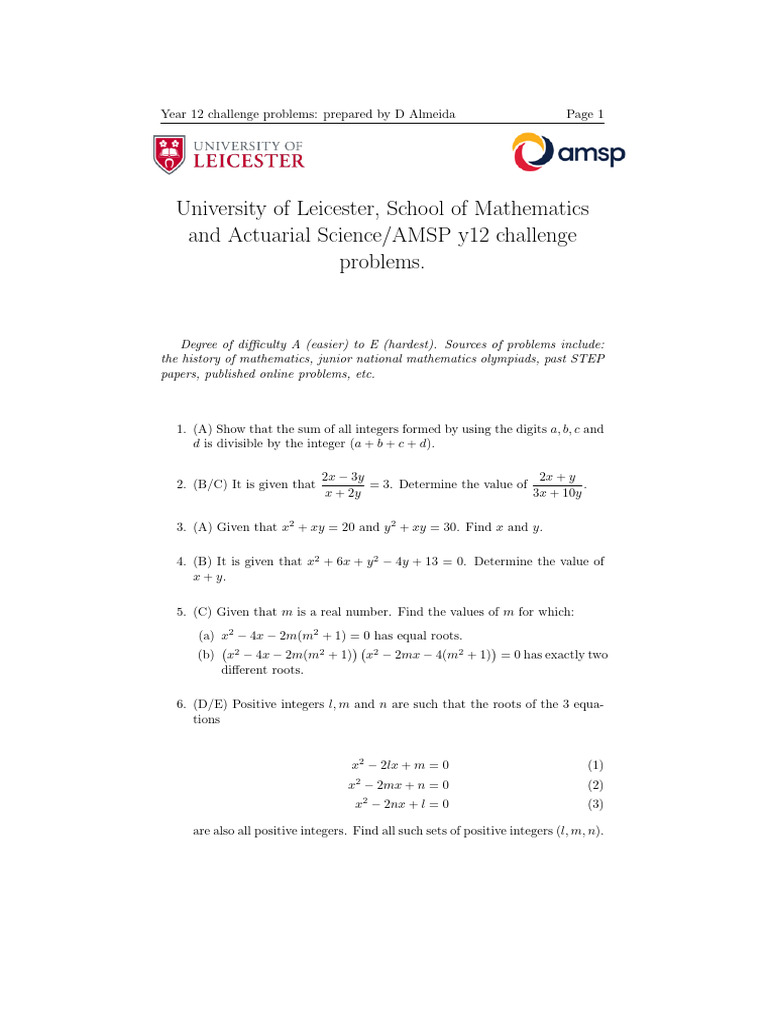 Year 12 Mathematics Challenge Problems | PDF | Factorization ...